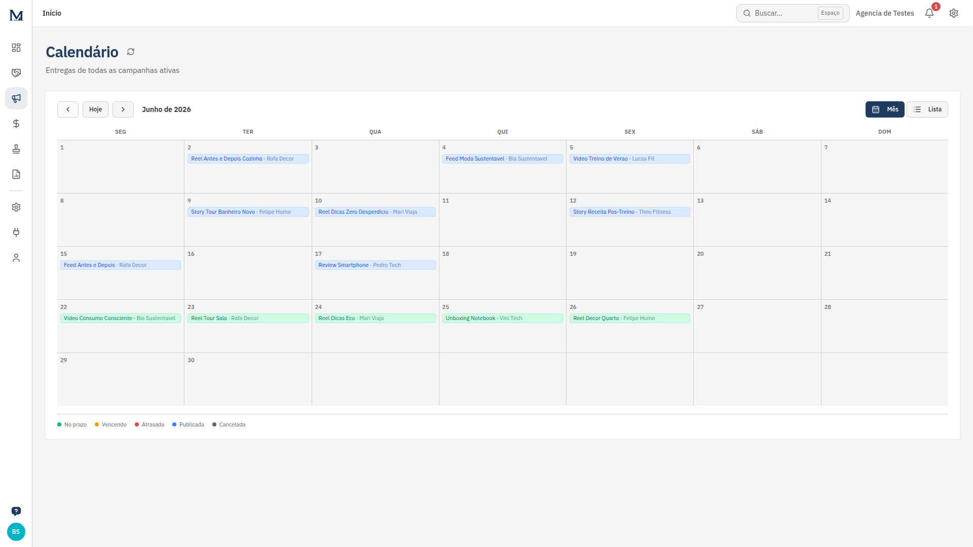 Calendário editorial com as entregas de todas as campanhas